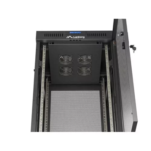 Lanberg 19" szabadon álló rack szekrény 24U/600X600 perforált ajtó, lapraszerelt, LCD kijelző, fekete V2