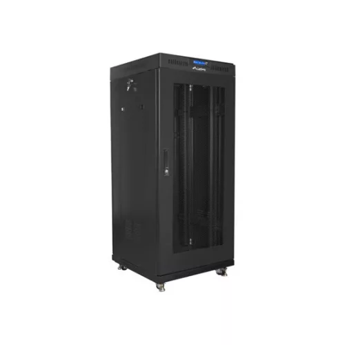Lanberg 19" szabadon álló rack szekrény 27U/600X600 perforált ajtó, lapraszerelt, LCD kijelző, fekete V2