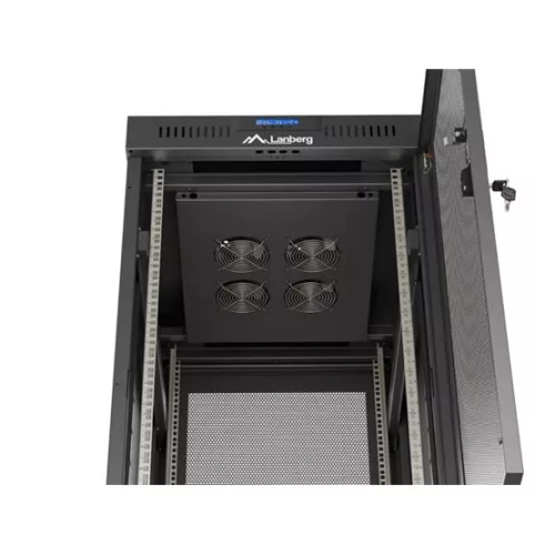 Lanberg 19" szabadon álló rack szekrény 24U/600X800 perforált ajtó, lapraszerelt, LCD kijelző, fekete V2