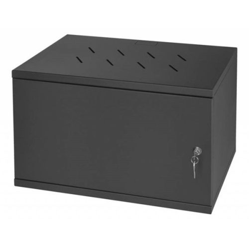 Stalflex RC19-6U-350MB 19" 6U 350 mm mély lapraszerelt fekete fém ajtós fali rack szekrény