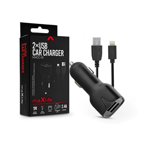 Maxlife TF-0016 5V/2,4A 1m Lightning/2xUSB fekete szivargyújtó töltő