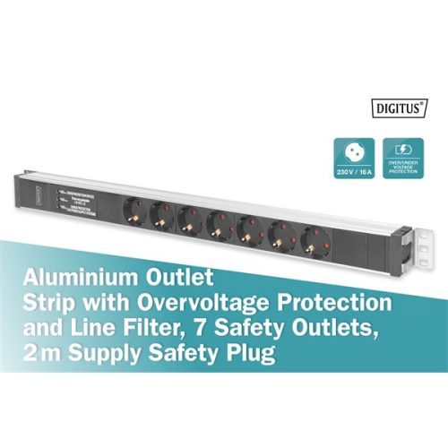 DIGITUS 0U PDU 230V 16A 7xCEE 7/3 aljzat CEE7/7 csatlakozó túlfeszültség védelemmel és vonalszűrővel 2m elosztósor