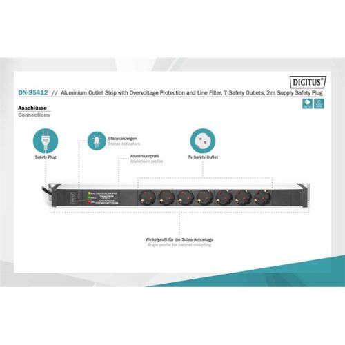 DIGITUS 0U PDU 230V 16A 7xCEE 7/3 aljzat CEE7/7 csatlakozó túlfeszültség védelemmel és vonalszűrővel 2m elosztósor
