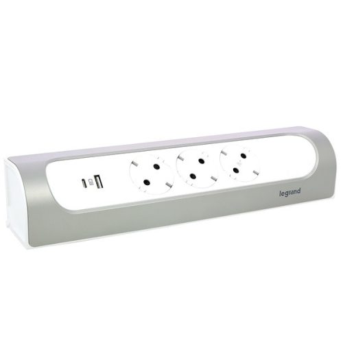 Legrand 694504 vezeték nélküli sarokba illeszkedő fehér-alumínium 3x2P+F, USB-A + USB-C elosztósor