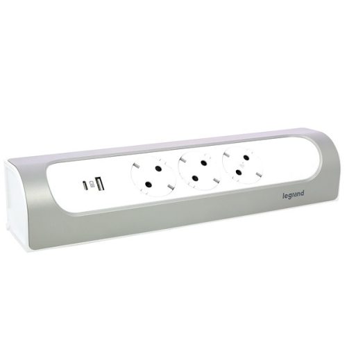 Legrand 694504 vezeték nélküli sarokba illeszkedő fehér-alumínium 3x2P+F, USB-A + USB-C elosztósor