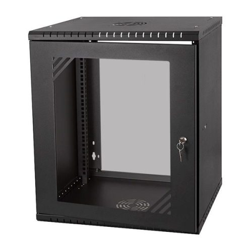 Stalflex RC19-12U-600GB 19" 12U 600 mm mély lapraszerelt fekete üvegajtós fali rack szekrény