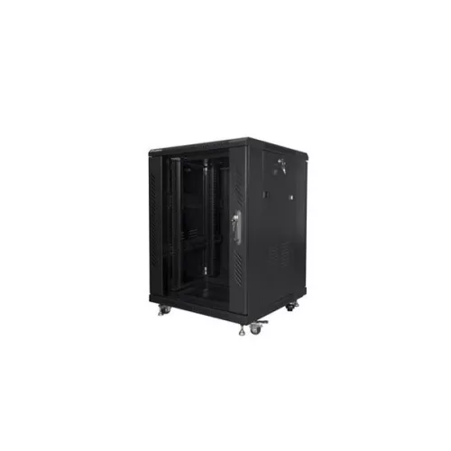 Lanberg FF01-6615-12B 19" 15U SZÉL:600mm MÉLY:600mm MAG:848mm lapraszerelt üvegajtós fekete rack szekrény
