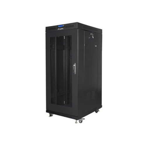 Lanberg FF01-6827-23BL 19" 27U SZÉL:600mm MÉLY:800mm MAG:1431mm lapraszerelt LCD hálós fémajtós fekete rack szekrény