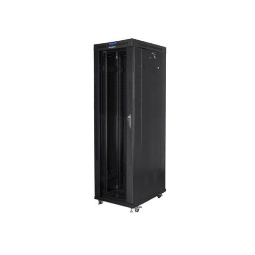 Lanberg FF01-6042-12BL 19" 42U SZÉL:600mm MÉLY:1000mm MAG:2097mm lapraszerelt LCD üvegajtós fekete rack szekrény