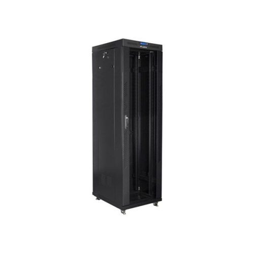 Lanberg FF01-6842-12BL 19" 42U SZÉL:600mm MÉLY:800mm MAG:2097mm lapraszerelt LCD üvegajtós fekete rack szekrény