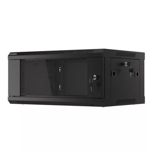 Lanberg WF01-6404-10B 19" 4U SZÉL:600mm MÉLY:450mm MAG:290mm lapraszerelt üvegajtós fekete fali rack szekrény