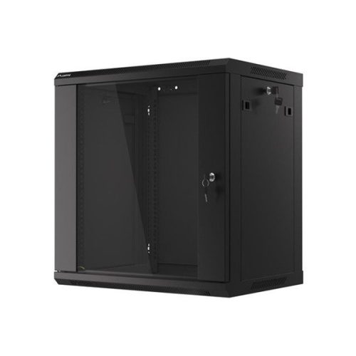 Lanberg WF01-6412-10B 19" 12U SZÉL:600mm MÉLY:450mm MAG:640mm lapraszerelt üvegajtós fekete fali rack szekrény