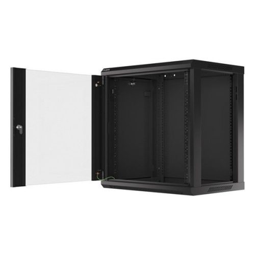 Lanberg WF01-6412-10B 19" 12U SZÉL:600mm MÉLY:450mm MAG:640mm lapraszerelt üvegajtós fekete fali rack szekrény