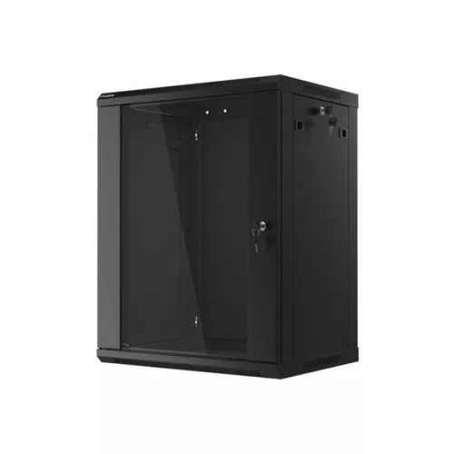 Lanberg WF01-6415-10B 19" 15U SZÉL:600mm MÉLY:450mm MAG:774mm lapraszerelt üvegajtós fekete fali rack szekrény