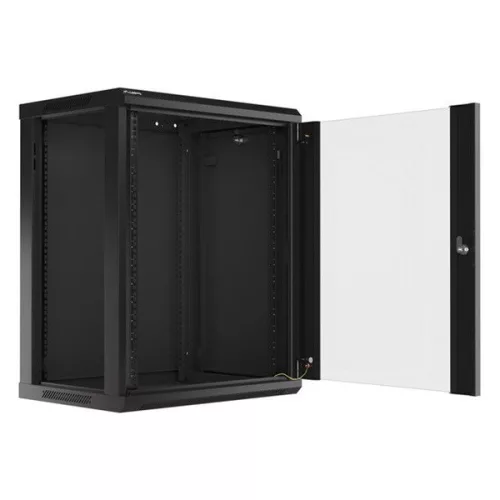 Lanberg WF01-6415-10B 19" 15U SZÉL:600mm MÉLY:450mm MAG:774mm lapraszerelt üvegajtós fekete fali rack szekrény