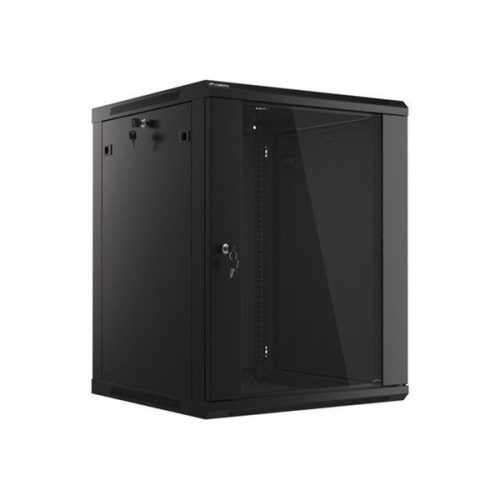 Lanberg WF01-6615-10B 19" 15U SZÉL:600mm MÉLY:600mm MAG:774mm lapraszerelt üvegajtós fekete fali rack szekrény