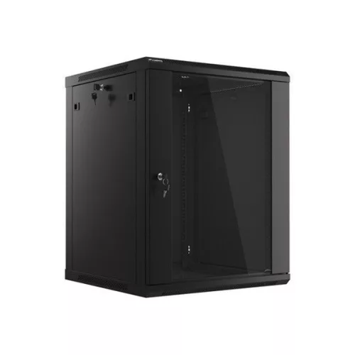 Lanberg WF01-6615-10B 19" 15U SZÉL:600mm MÉLY:600mm MAG:774mm lapraszerelt üvegajtós fekete fali rack szekrény