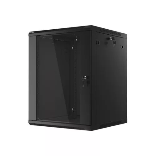 Lanberg WF01-6615-10B 19" 15U SZÉL:600mm MÉLY:600mm MAG:774mm lapraszerelt üvegajtós fekete fali rack szekrény
