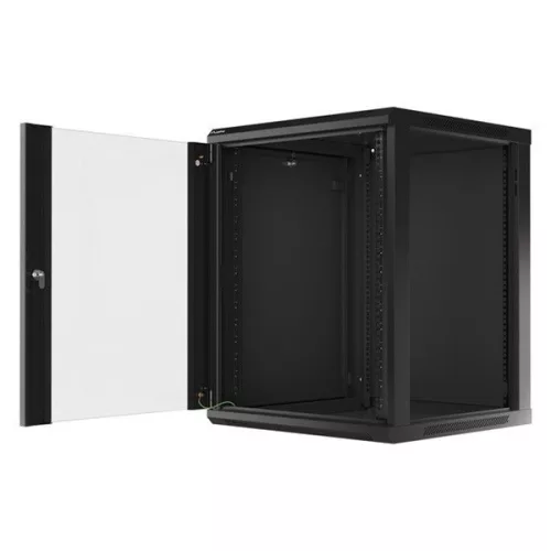 Lanberg WF01-6615-10B 19" 15U SZÉL:600mm MÉLY:600mm MAG:774mm lapraszerelt üvegajtós fekete fali rack szekrény