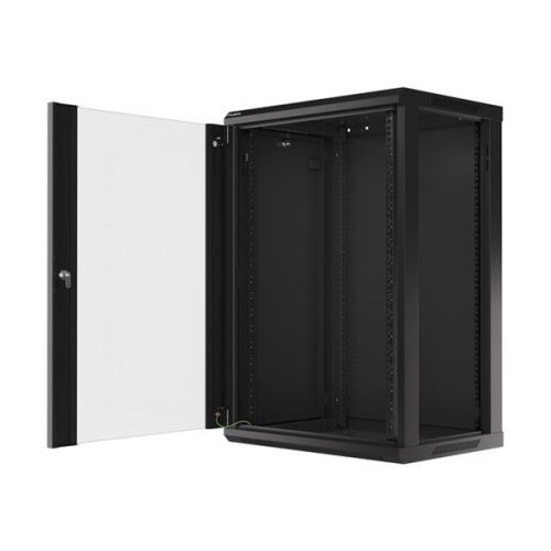 Lanberg WF01-6418-10B 19" 18U SZÉL:600mm MÉLY:450mm MAG:907mm lapraszerelt üvegajtós fekete fali rack szekrény