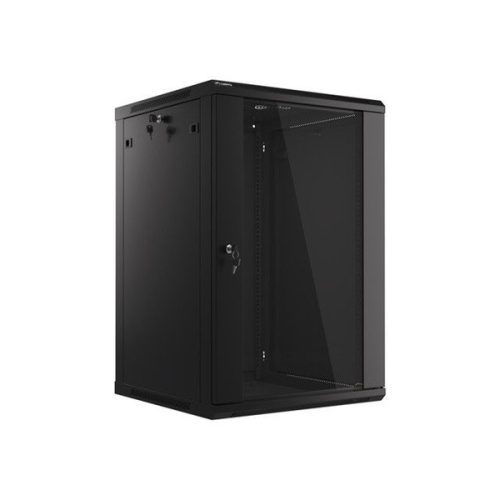 Lanberg WF01-6618-10B 19" 18U SZÉL:600mm MÉLY:600mm MAG:907mm lapraszerelt üvegajtós fekete fali rack szekrény