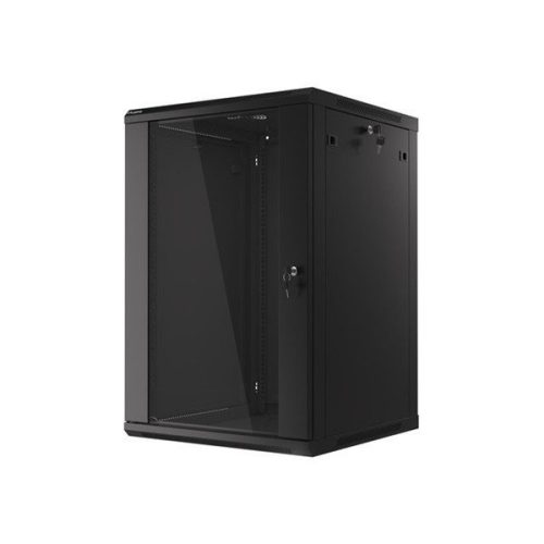 Lanberg WF01-6618-10B 19" 18U SZÉL:600mm MÉLY:600mm MAG:907mm lapraszerelt üvegajtós fekete fali rack szekrény