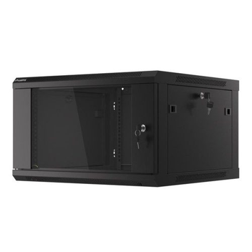 Lanberg WF01-6606-10B 19" 6U SZÉL:600mm MÉLY:600mm MAG:379mm lapraszerelt üvegajtós fekete fali rack szekrény