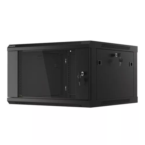 Lanberg WF01-6606-10B 19" 6U SZÉL:600mm MÉLY:600mm MAG:379mm lapraszerelt üvegajtós fekete fali rack szekrény