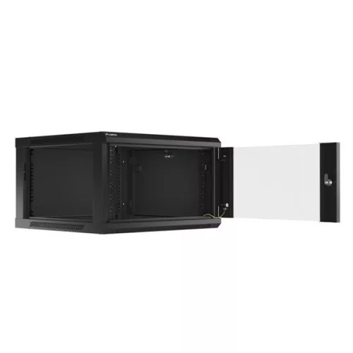Lanberg WF01-6606-10B 19" 6U SZÉL:600mm MÉLY:600mm MAG:379mm lapraszerelt üvegajtós fekete fali rack szekrény
