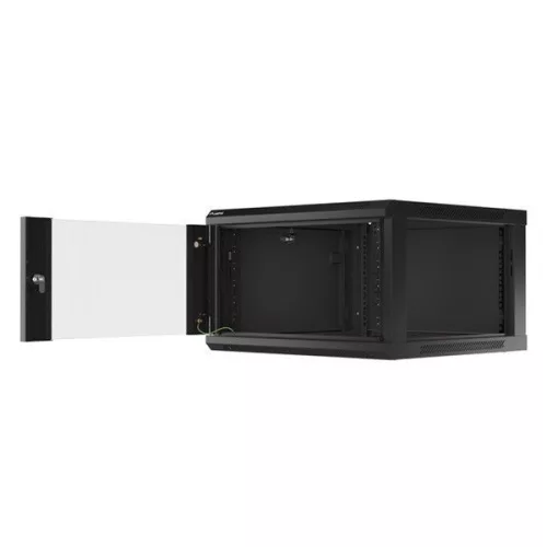 Lanberg WF01-6606-10B 19" 6U SZÉL:600mm MÉLY:600mm MAG:379mm lapraszerelt üvegajtós fekete fali rack szekrény