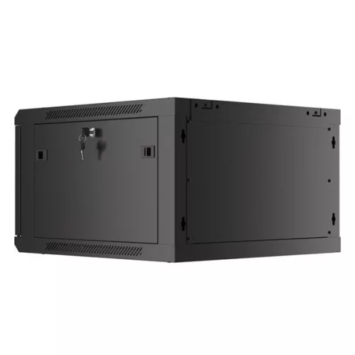 Lanberg WF01-6606-10B 19" 6U SZÉL:600mm MÉLY:600mm MAG:379mm lapraszerelt üvegajtós fekete fali rack szekrény