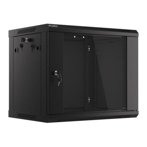 Lanberg WF01-6409-10B 19" 9U SZÉL:600mm MÉLY:450mm MAG:512mm lapraszerelt üvegajtós fekete fali rack szekrény