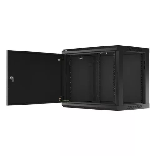 Lanberg WF01-6409-00B 19" 9U SZÉL:600mm MÉLY:450mm MAG:512mm lapraszerelt fémajtós fekete fali rack szekrény