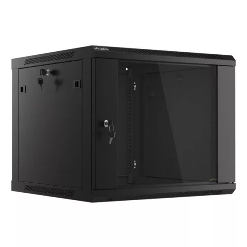 Lanberg WF01-6609-10B 19" 9U SZÉL:600mm MÉLY:600mm MAG:512mm lapraszerelt üvegajtós fekete fali rack szekrény