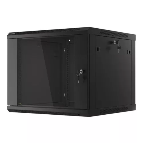 Lanberg WF01-6609-10B 19" 9U SZÉL:600mm MÉLY:600mm MAG:512mm lapraszerelt üvegajtós fekete fali rack szekrény