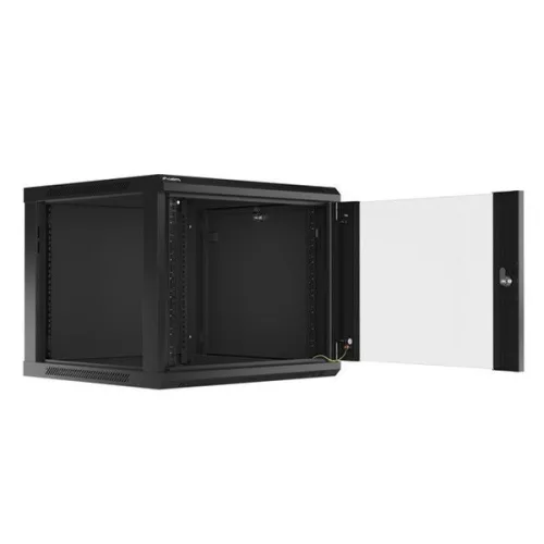 Lanberg WF01-6609-10B 19" 9U SZÉL:600mm MÉLY:600mm MAG:512mm lapraszerelt üvegajtós fekete fali rack szekrény