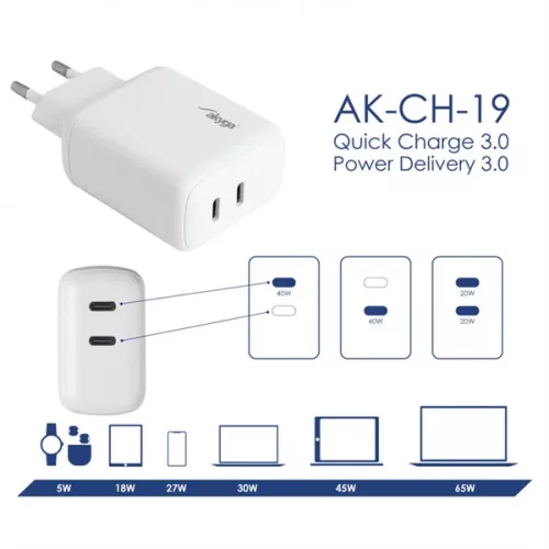 Akyga 2x USB-C PD 5-12V / max. 3A 40W Quick Charge 3.0 gyorstöltő