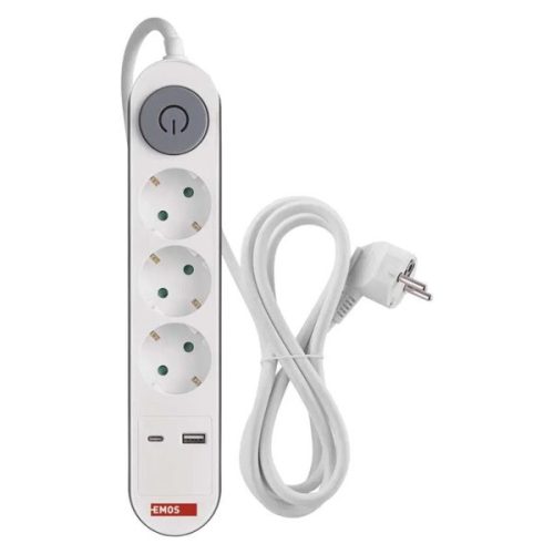 Emos P1322PD 2 m/3 aljzat/kapcsolós/fehér/1× USB-A + 1× USB-C /1,5 mm2 hosszabbító