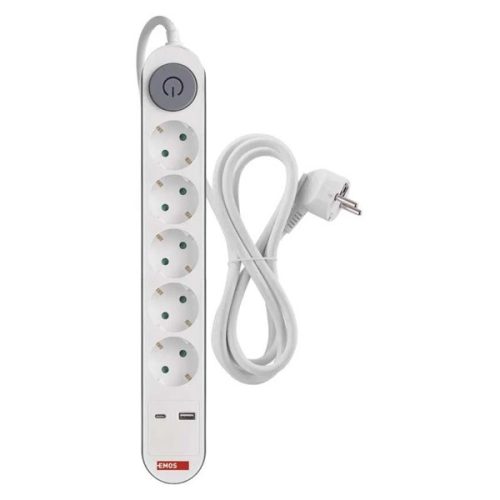 Emos P1523PD 3 m/5 aljzat/kapcsolós/fehér/1× USB-A + 1× USB-C /1,5 mm2 hosszabbító