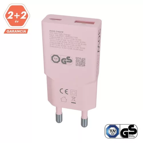 AVAX CH641P NANO SLIM 30W USB-C (PD3.0)+USB-A (QC3.0) pink hálózati töltő