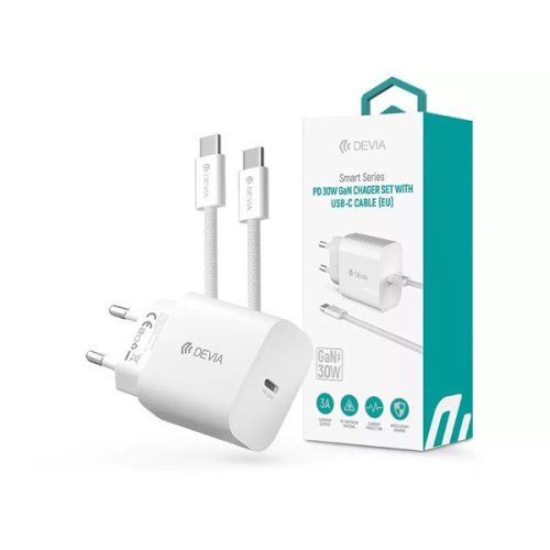Devia ST399800 Smart Series 30W GaN PD+QC fehér hálózati gyorstöltő adapter + Type-C/Type-C kábel