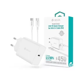   Devia ST112896 Rocket Series 45W PD+QC fehér hálózati gyorstöltő adapter + Type-C - Type-C kábel