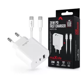   Maxlife ML738409 MXTC-06 PD+QC 20W USB+USB-C+USB-C/USB-C kábel fehér hálózati gyorstöltő adapter