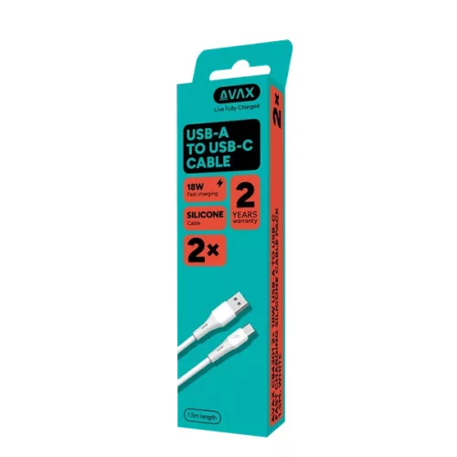 AVAX CB4301 2x 18W USB-A – USB-C gyorstöltő szilikon kábel csomag, 1.5 m, fehér