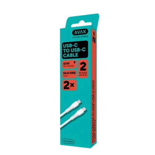 AVAX CB4303 2x 60W USB-C gyorstöltő szilikon kábel csomag, 1.5 m, fehér