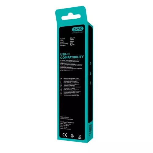 AVAX CB4303 2x 60W USB-C gyorstöltő szilikon kábel csomag, 1.5 m, fehér