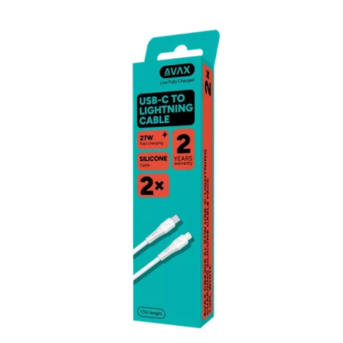 AVAX CB4304 2x 27W USB-C – Lightning szilikon töltőkábel csomag, 1.5 m, fehér