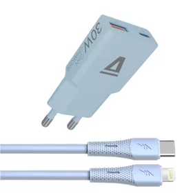   AVAX CH6416 30W GaN töltő és USB-C–Lightning szilikon kábel, világoskék